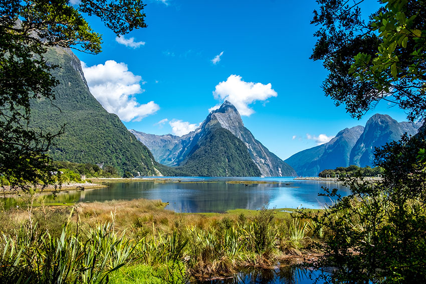 Mirror Lakes along the way to Milford Sound, New Zealand. Mitre Peak in New Zealand at low tide